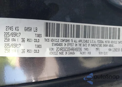 2017 Dodge Grand Caravan Sxt из США, поврежденный, VIN 2C4RDGCG5HR649226